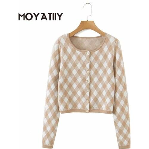 MOYATIIY Women Fashion Cropped Cardigan Sweaters Rhombus Irregular Pattern Coat Outwear Retro Autumn Spring Season Female Tops