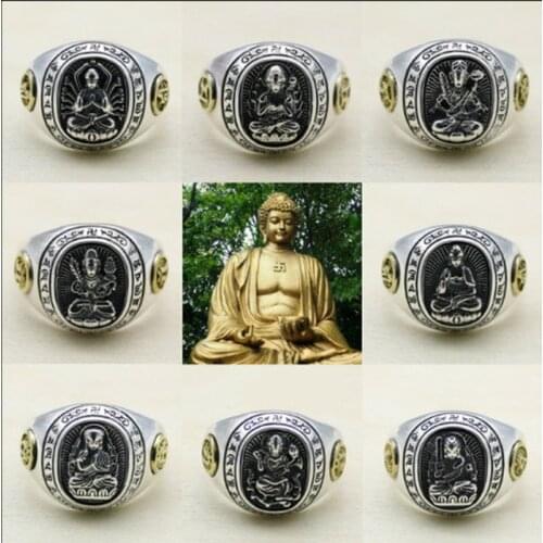 Retro Men and Women Eight Patron Saint Retractable Ring S925 Sterling Silver Jewelry Twelve Zodiac Natal Buddha Ring