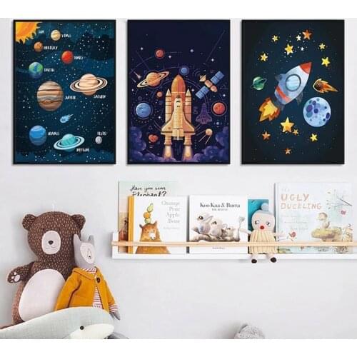 Planets Rocket Spaceship Canvas Painting Wall Art Nordic Posters and Prints Wall Pictures for Living Kids Bedroom Decoration