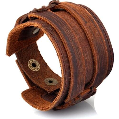 New Mens Stylish Leather Width Wristband Bracelets Handmade Retro Genuine Leather Cuff Bracelets Jewelry For Men Brown Black