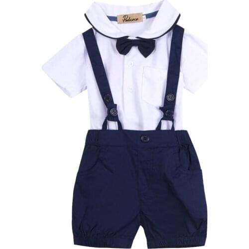 2017 Newborn Summer Cute Infant Baby Short Sleeve Single Button Solid Turn-down Collar T-shirt + Bow Tie +Bib Pants 12-36M