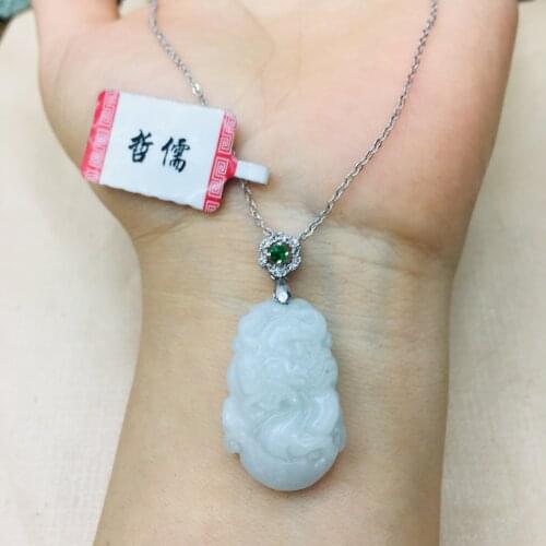 Natural Burmese Ajadeite Carved Zodiac Dragon Pendant with 925 Sterling Silver Necklace Elegant Lady Jade Clavicle Chain
