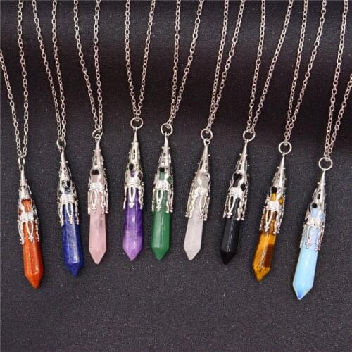 Natural Stone Pendant Statement Necklace Yoga Reiki Chakra Jewelry Chain Necklace Men Women Gift Hexagonal Pendulum Charms Amule