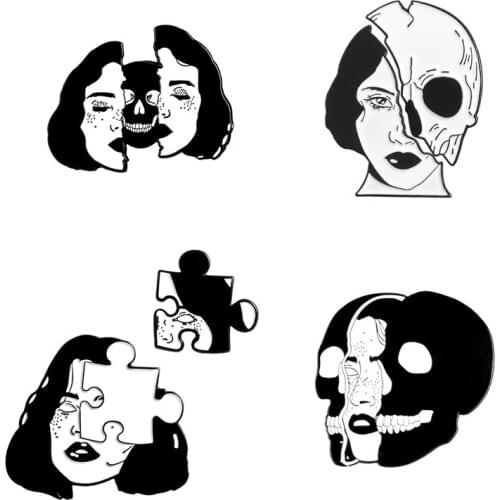 Punk Divided Faces Enamel Pins Cool Skull Puzzle Brooches Backpack Clothes Halloween Skeleton Badge Jewelry Gift for Friends