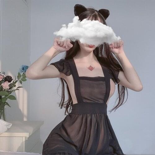 Sexy Lace Pajamas Cute Maid Robe Deep V Chiffon Perspective Sleeping Dress Women Sleepwear Sets Lingerie Bathrobe Nightwear