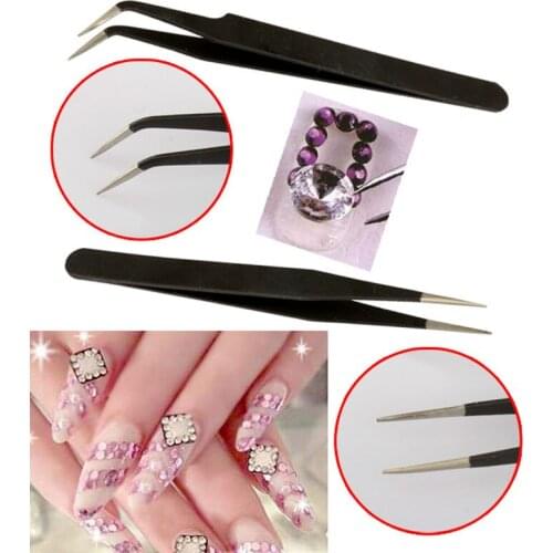 New 2 Stainless Steel Tweezer Acrylic Gel Nail Art Rhinestones Paillette Nipper Picking Tool SCI88