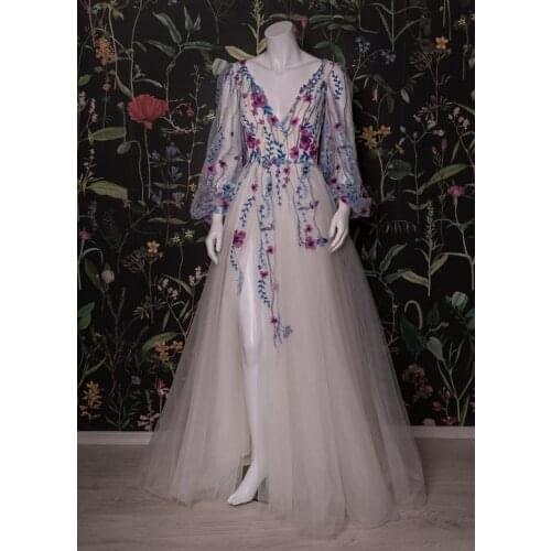 Boho Embroidery Prom Dress 2021 Long Puffy Sleeve High Split Side V Neck Evening Formal Party Gowns платье robe de soirée