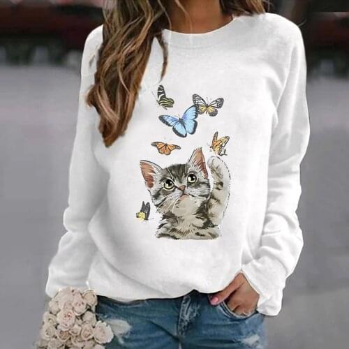 Harajuku Cat and Butterfly Print Sweatshirt Women Black O Neck Loose Pullovers Streetwear Long Sleeve Top Tracksuit Plus Size
