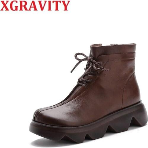 XGRAVITY 2020 Autumn WInter Boots Fashion Cow Genuine Leather Ankle Boots Thick Sole Wedge Shoes Platform Pumps Female Shoe S168