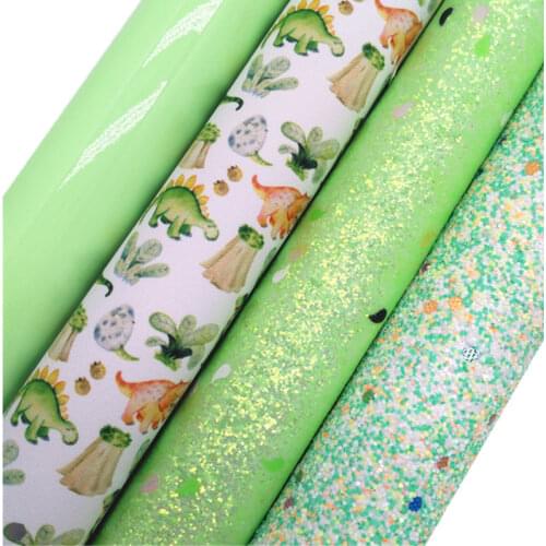 Green Glitter leather, Dinosaures Printed synthetic leather, Patent Glossy Faux Leather Sheets For Bows DIY 21x29CM KM816