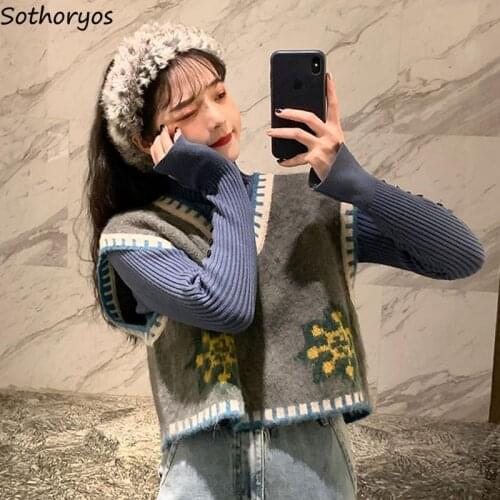 Jacquard Sweater Vest Women Autumn Warm V-neck Cropped Sleeveless Knitwear Female Panelled All-match Tender Stylish Jumpers Cozy