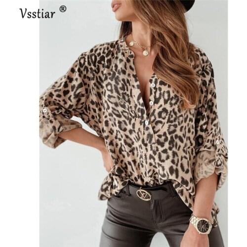 2021 Long Sleeve Leopard Blouse Women New Fashion Print Sexy V Neck Casual Female Shirts Plus Size Button Loose Tops