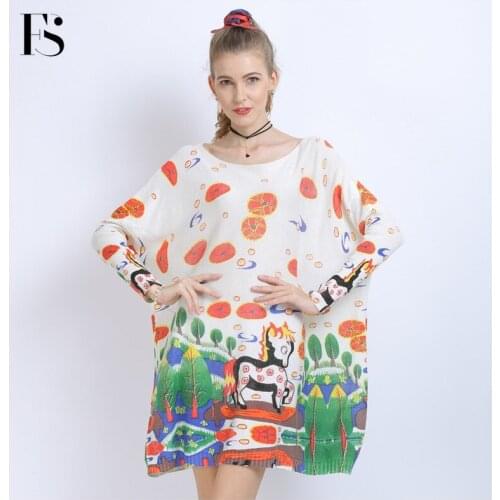 Autumn Casual Off Shoulder Horse Print Women Loose Sweater Fashion Solid Color Batwing Sleeve Cartoon Print Knitwear