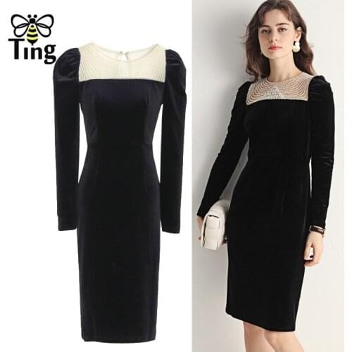 Tingfly Vintage Elegant Luxury Beading Black Velvet Dress Retro Sexy Curve Bodycon Knee Length Casual Dress Vestidso Elbise Chic