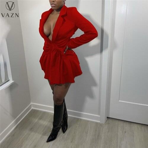 VAZN 2021 Autumn High-end Plus Size Chiffon Shirt Dress Daily Sexy Style Deep V-Neck Full Sleeve Women Mini Dress Vestido