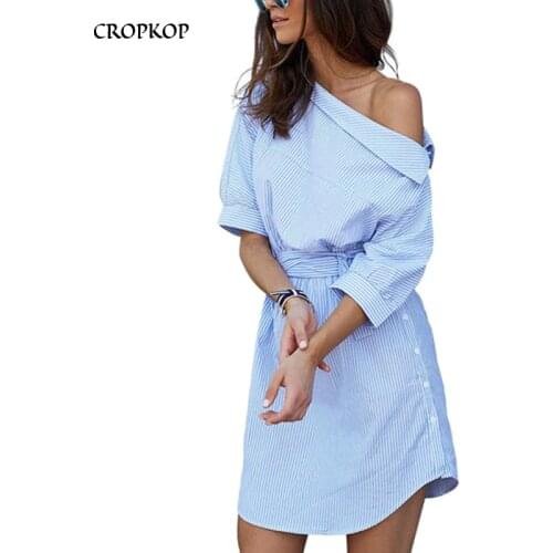 Women Blue Striped Dress Off Shoulder Half Sleeve Waistband 2020 Summer Sexy Party Mini Dresses Plus Size Vestido Beach Dress