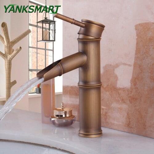 YANKSMART Bamboo Deck Mount Retro Antique Brass Bathroom Basin Sink Faucet Vanity Vessel Single Handle Mixer Tap Faucet