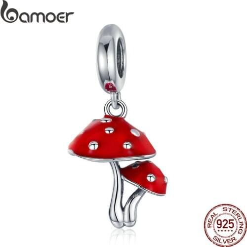 BAMOER New Collection 925 Sterling Silver Mushroom Red Enamel Pendant Charms Fit Bracelets & Necklaces Silver Jewelry SCC1060