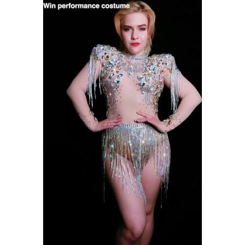 Sparkly Silver Tassel Bodysuit Women Birthday Celebrate Costume Female Singer Bling Tassel Bodysuit Performance Dance Wear