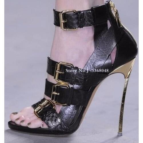 Shoes Woman Genuine Leather Ankle Buckle Peep Toe Sandals Women Blade Heel Back Zipper Cut-out Gladiator Boots Sandal For Women