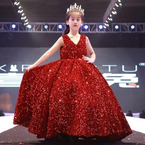 Flower Girl Dresses Illusion Sequined V-Neck Sleeveless Princess Floor-Length Tulle Lace Luxury Burgundy Kids Party Gown H615