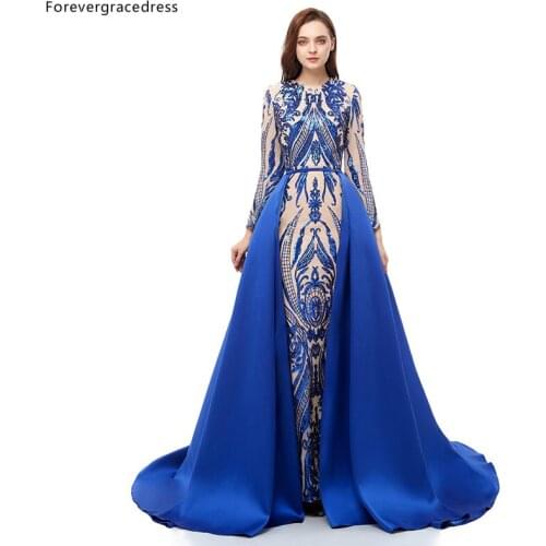 Forevergracedress Royal Blue Prom Dresses Detachable Train Long Sleeves Holidays Graduation Wear Evening Party Gowns Plus Size