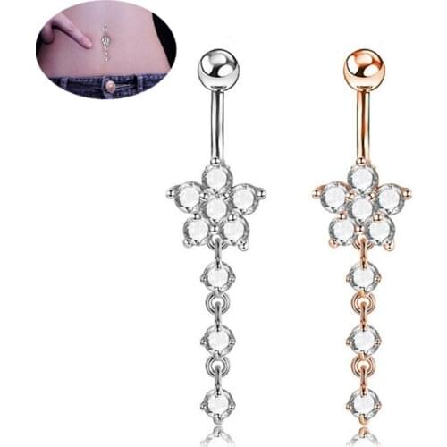 Hot Sale Dangle Navel Rings Gold Flowers Cubic Zirconia Navel Bars Women Fashion Belly Button Ring Piercing Body Jewelry