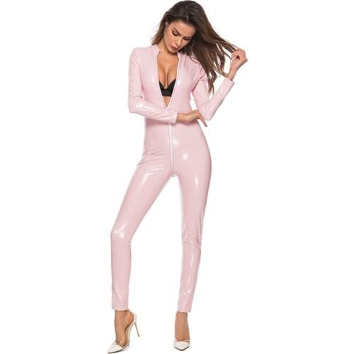 COLDKER women Long Sleeve Zipper Bodysuit Faux Leather Party Romper Jumpsuit Night Club party clothing for ladies