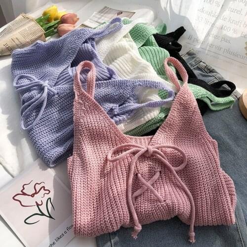 Camis tank top women Korean sexy Casual cross tie bow Camis sleeveless solid color knitted sling vest womens cami top clothes