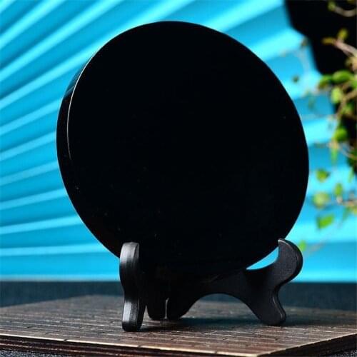 8-20cm Mexican Obsidian Smoking Mirror Stone Disc Tezcatlipoca Mexico Aztec Maya Round Plate Healing For Home &Offic