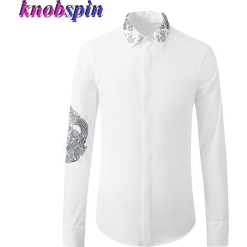Chinese Style Dragon Embroidery Texture Shirt MEN Long Sleeve Slim Casual Mens Shirts Anti-Wrinkle Cotton Camisas Masculina