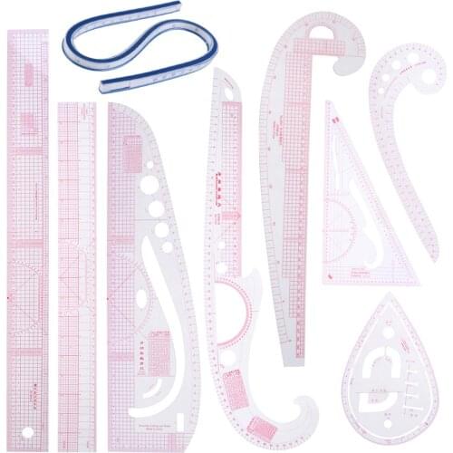 9Pcs/Set Ruler Tailor Measuring Kit Clear Sewing Drawing Ruler Yardstick Sleeve Arm French Curve Set Cutting Ruler Paddle Wheel