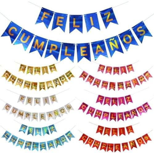 1 Set New Bronzing Happy Birthday Banner Spanish Letter FELIZ CUMPLEANOS Birthday Flags Party Decoration Bunting Supplies