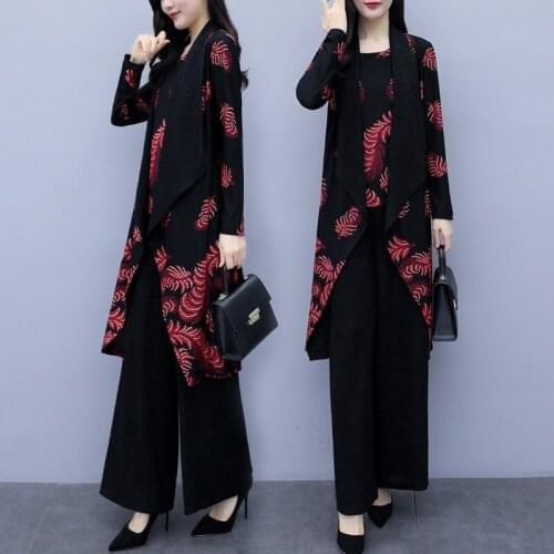 2019 Autumn Plus Size 3 Piece Set Women Floral Print Wide Leg Pants Ladies Elegant Woman Pants And Blouse Set OS050