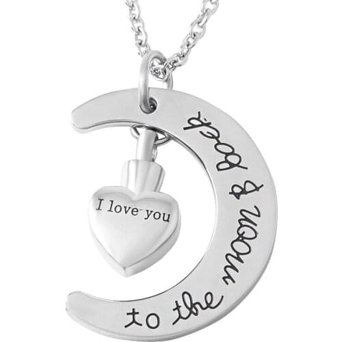 IJD9497 Engraved I Love You Little Heart Urn Charm Moon Stainless Steel Cremation Keepsake Jewelry Hold Ashes Memorial Pendant