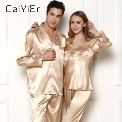 CAIYIER Silk Satin Pajamas Set Solid Color Couple Winter Sleepwear Long Sleeve Sexy Lovers Nightwear Men&Women Lingerie Homewear