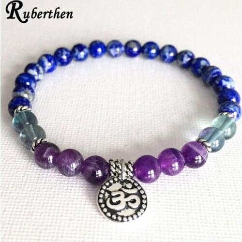 Ruberthen 6 mm Lapis Lazuli Green Fluorite Bracelet Womens Crystal Yoga Mala Bracelet Spiritual Ohm Charm Energy Bracelet