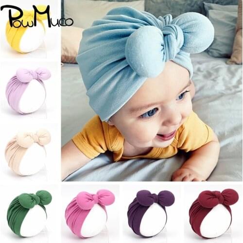 Powmuco 18*17 CM Soft Cotton Baby Girls Caps Solid Color Bunny Ears Infant Hats Autumn and Winter Warm Turban Kids Accessories