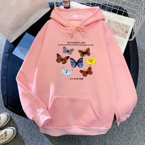 Butterflies Harajuku Vintage Print Sweatshirt Women Hoodies Cute Hip Hop Cotton Oversized Streetwear Loose Casual Clothes