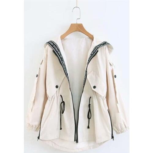Large size long trench coat hooded letter drawstring Girdle outwear loose women hat windbreaker fashion coat lady spring autumn