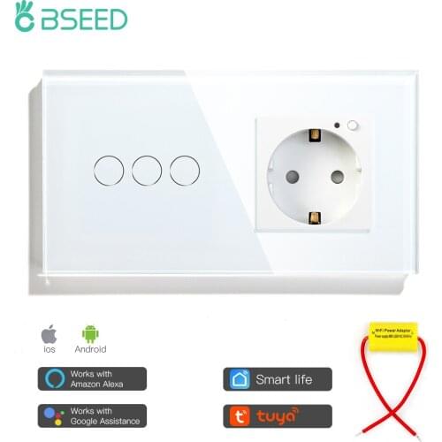 Bseed Russia Smart Wifi Touch Switch 3 Gang Single Live EU Standard Socket Work With Tuya Google Smart Home Crystal Glass Panel
