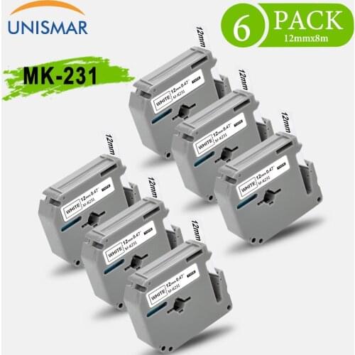 Unismar 6PK MK231 12mm Label Tape Compatible for Brother M-K231 MK 231 MK-231 P-touch Printer Black on White Label Maker Ribbon