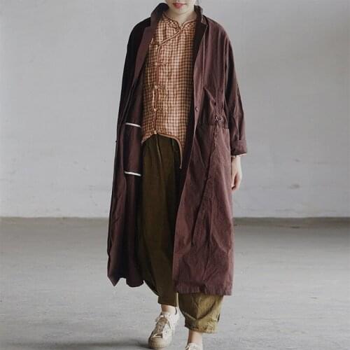 SCUWLINEN 2020 Retro Autumn Trench Casual Vintage Solid Suit Collar Long-sleeve Slim Loose Long Normcore Cotton Jacket P282