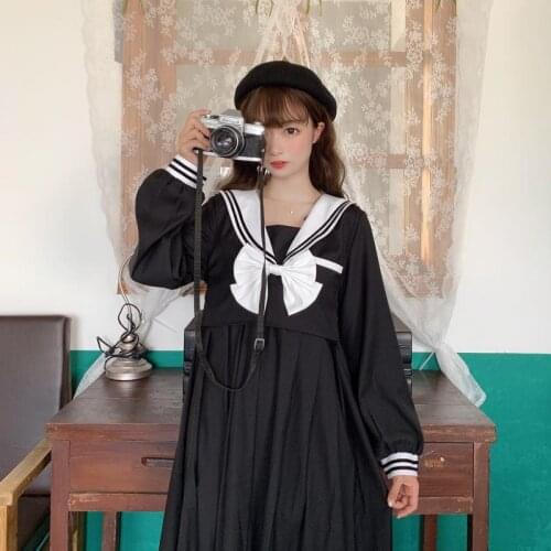 Japanese Retro Dark Jk Sailor Suit Navy Collar Bow Lantern Pleated Lolita Sailor JK Uniform Dresses Sets Womens Cosplay Costumes