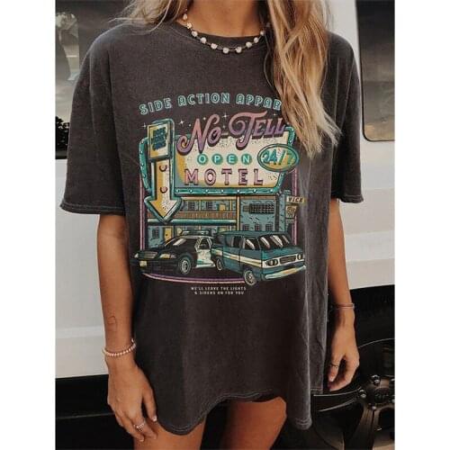 Vintage Black City Car Letter Printing Oversized T Shirt Women Clothing O Neck Short Loose Streetwear Summer 2021 Woman Tshirts