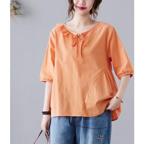 Women Summer Loose Casual T-shirts New Arrival 2021 Simple Style O-neck Ruffles Solid Color Female Half Sleeve Tops Tees S3733
