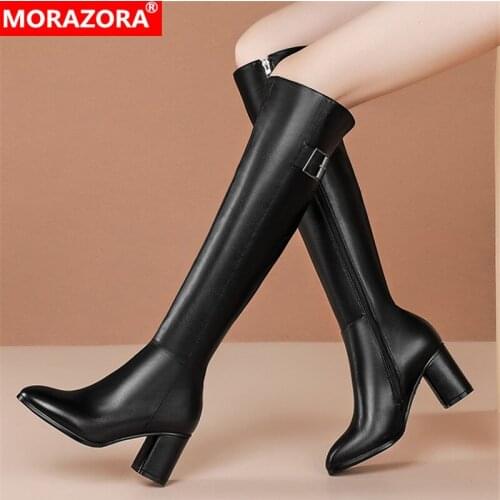 MORAZORA 2022 Hot Sale Over The Knee Boots Women Genuine Leather Shoes Round Toe Classic High Heels Boots Women Black Shoes