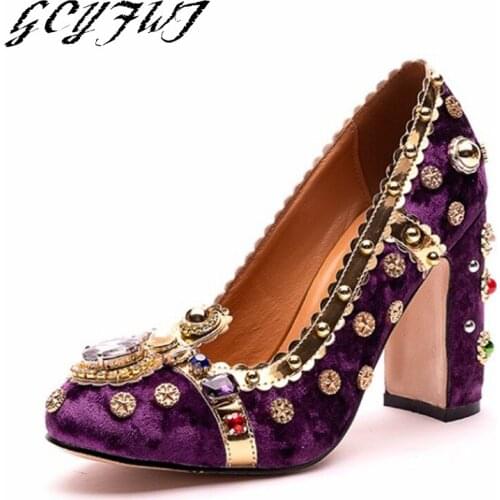 Women Single Shoes Retro Fashion High Heels Velvet Rhinestone Rivets Buty Damskie Four Seasons Thick Heel Shallow Tenis Feminino
