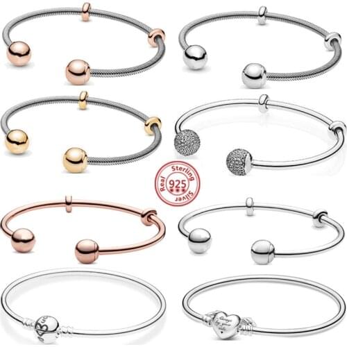 925 Sterling Silver Charm Original Snake Chain Style Open Bangle Sparkling Heart Multi Styles Bracelet Women Jewelry Fine Gifts