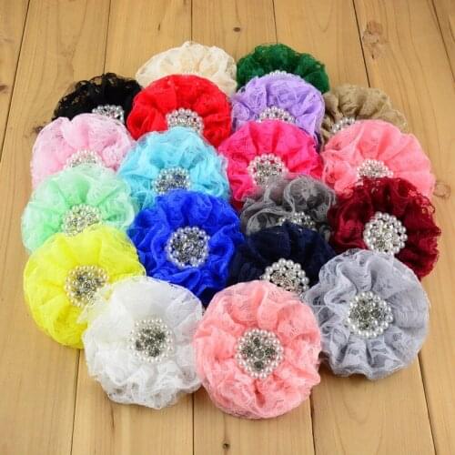 60 pcs/lot , 3.5" Lace Flowers with Pearl and Rhinestone Center , Headband Flower,You Pick Colors